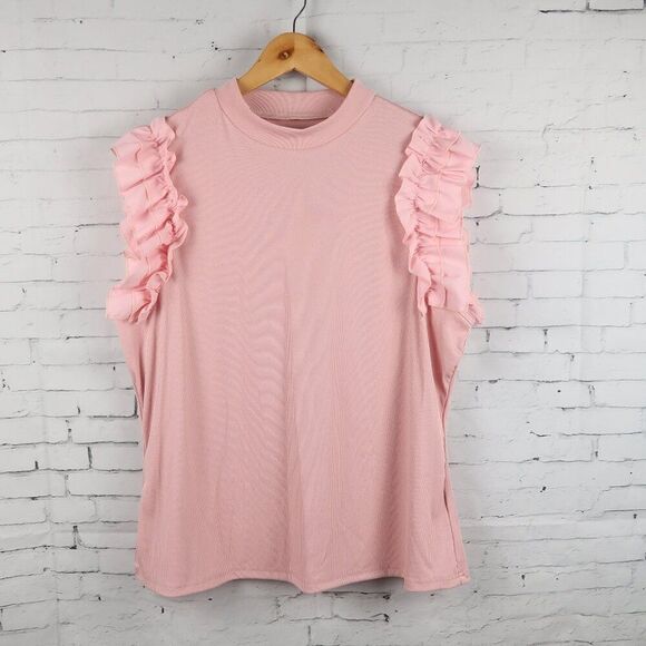 SHEIN CURVE PINK SHORT RUFFLE SLEEVE CREW NECK RIBBED TOP SIZE 4XL - Picture 1 of 5